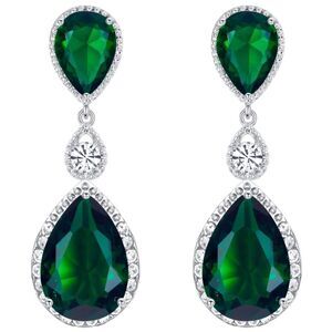 Silver with Emerald Green and White Diamond CZ Teardrop Chandelier Post Earrings